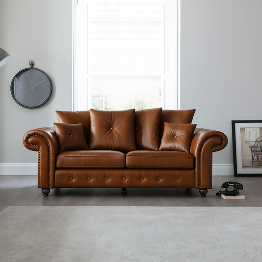 Elegant Leather Ashwin 3-Seater Sofa in Brown — Modern Chesterfield design with button detailing and plush cushions in a bright living room