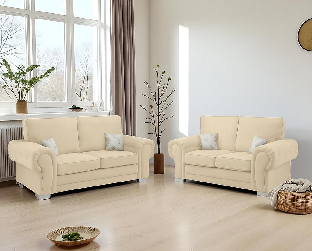Beige sofa set in a living room with decor elements.