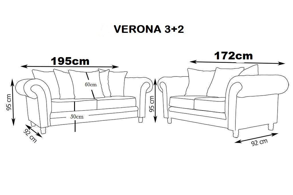 Dimensions of a Verona 3+2 sofa set on a white background