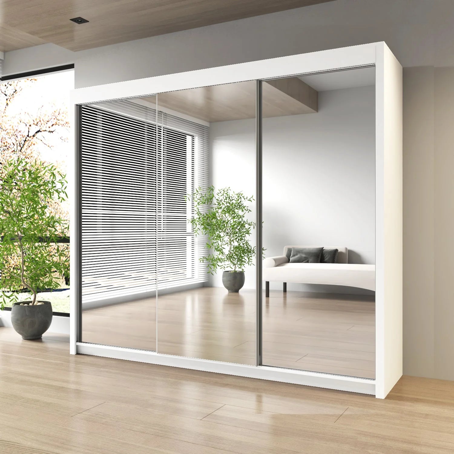 Modern Double Full Mirror Sliding Door Wardrobe With 1 LED Light Width 100cm /120cm/150cm/180cm/203cm/250cm(250cm, White