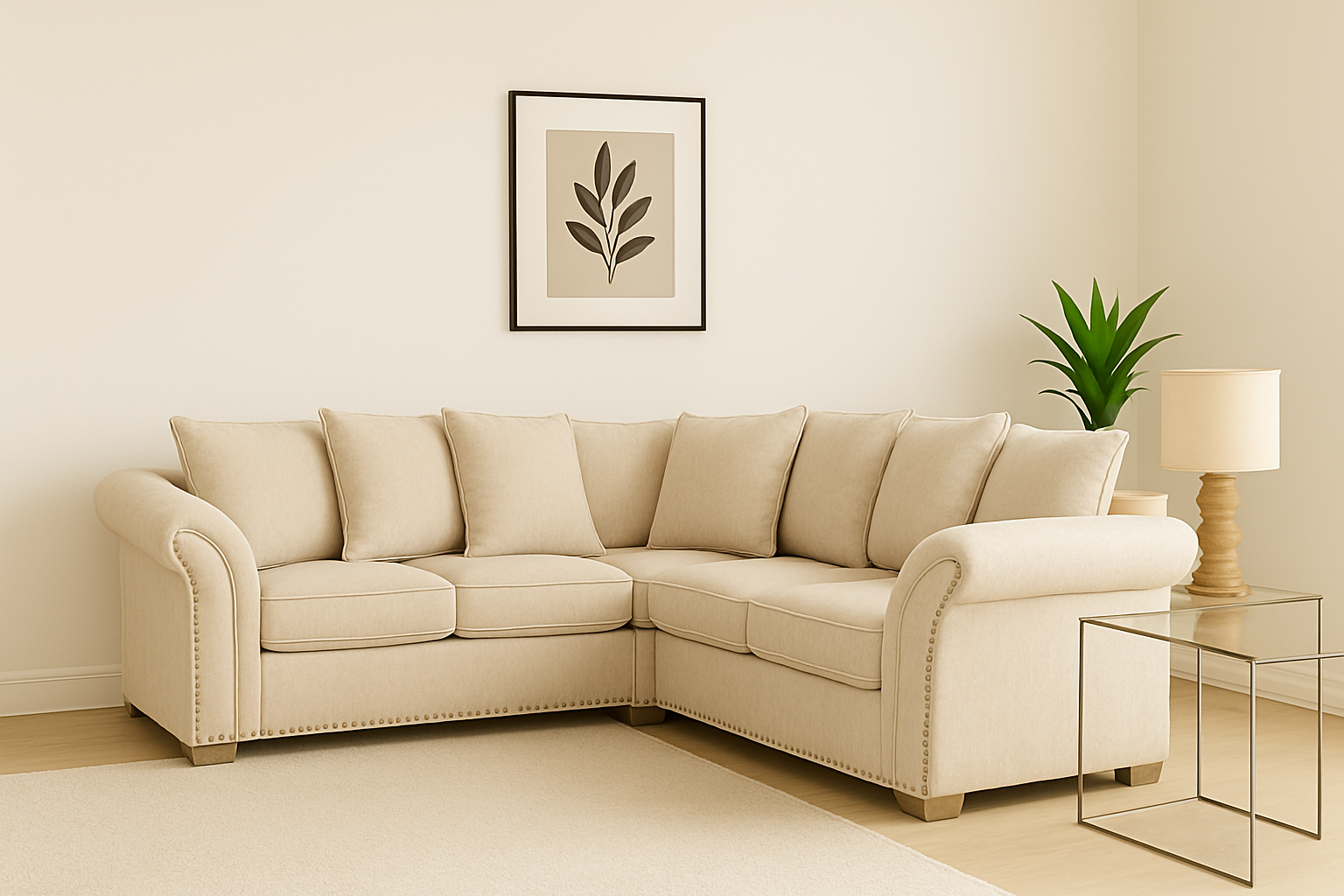 Beige sectional sofa in a living room with a plant and lamp.