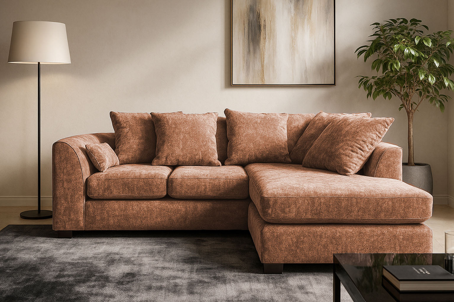 Dylen chenille beig color  corner sofa in a modern L-shaped design, available with free delivery from UKFurnish – shop now for stylish sofas across the UK.