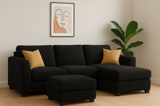 Kensington high back corner sofa in black Kensington fabric, available in left-facing and right-facing L-shaped designs,shop now  – free UK delivery from UKFurnish